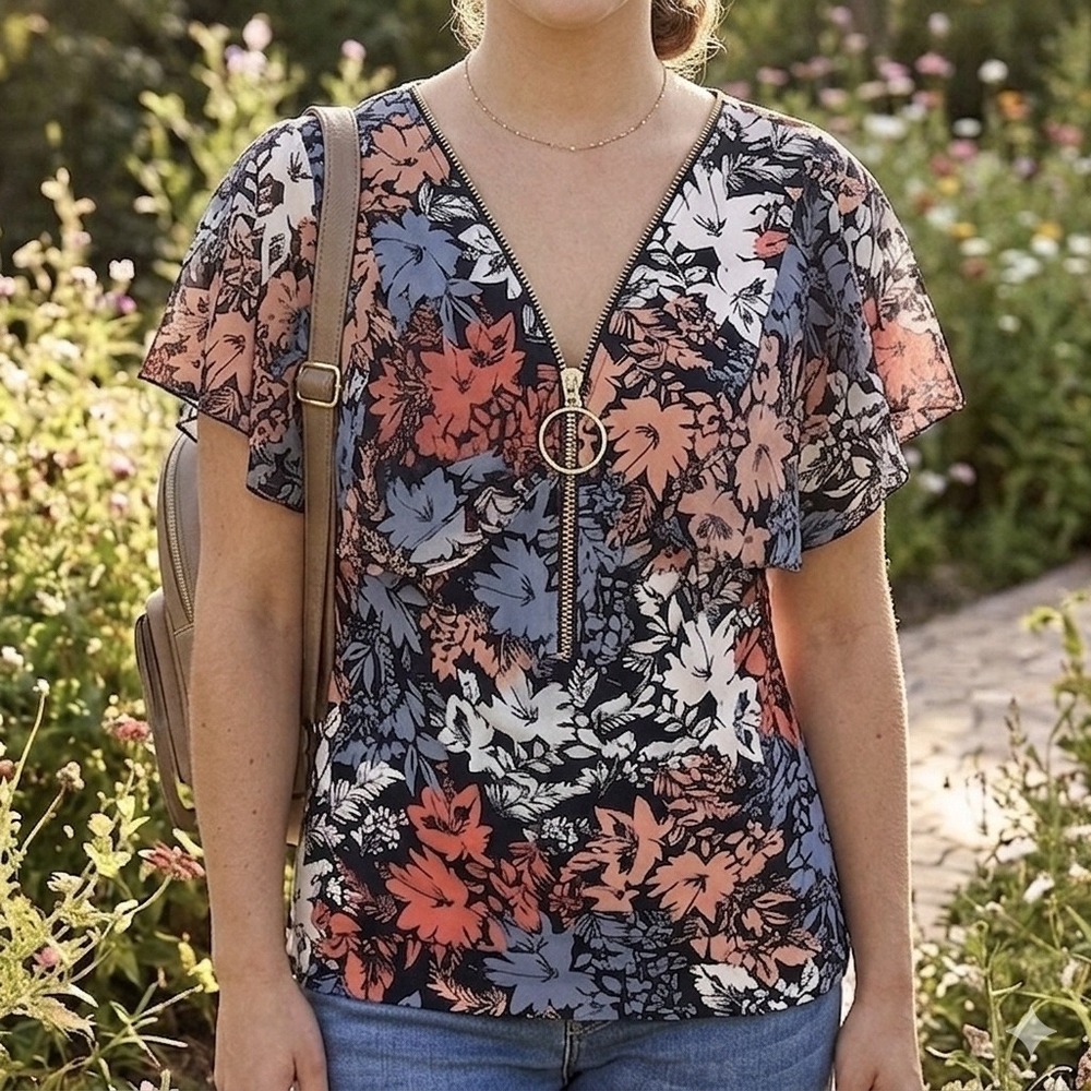 Coco Bianco Floral Ring Zip V-Neck Flutter Sleeve Blouse Coral Navy Small